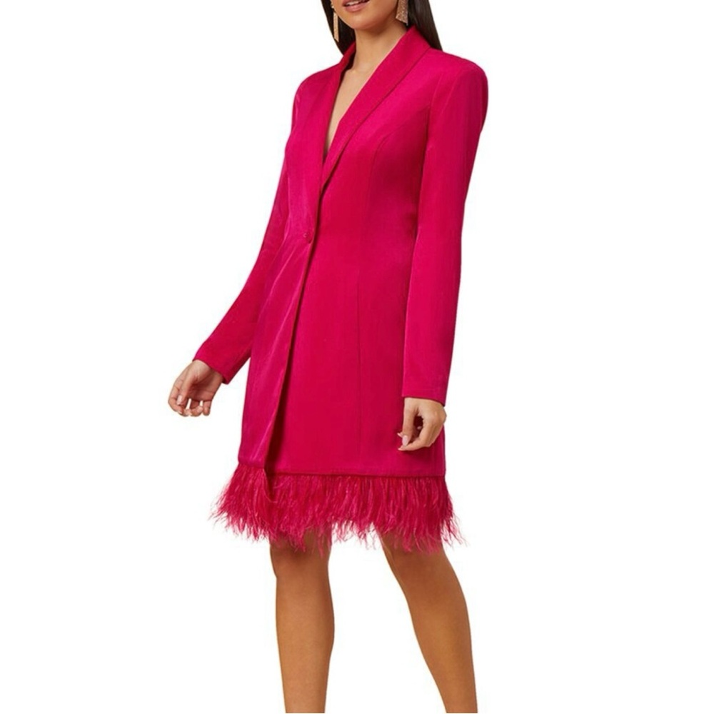 AIDAN MATTOX Ostrich Feather Trim Satin Mini Tuxedo Dress